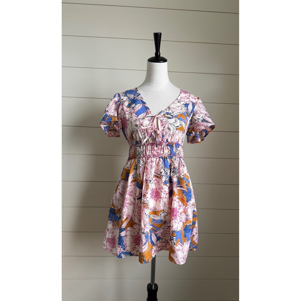 Band of the Free Floral Smocked Mini Dress Pink Blue Ochre Small‎ NWT